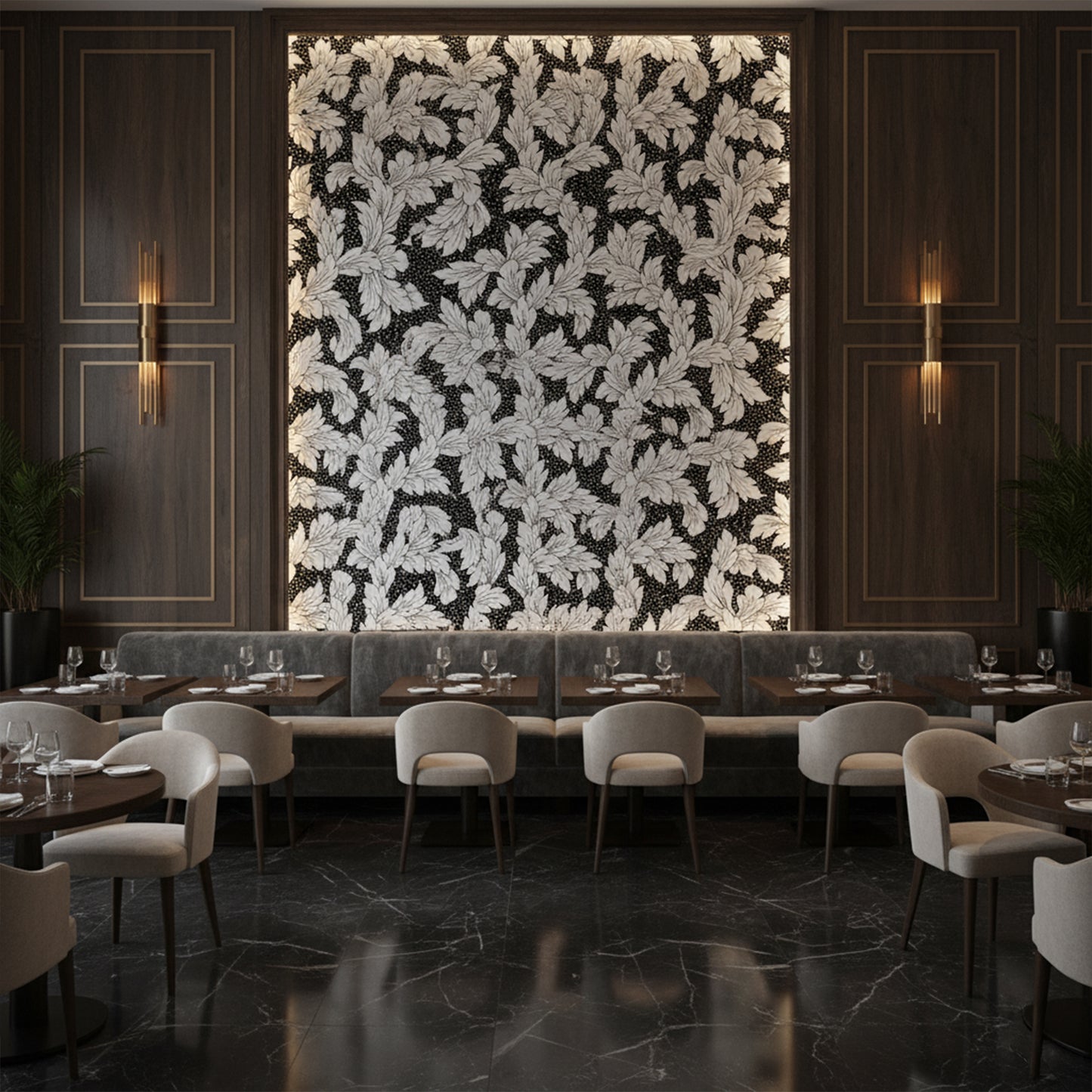 Acanthus-Leaf Engraved White Marble Tile-black