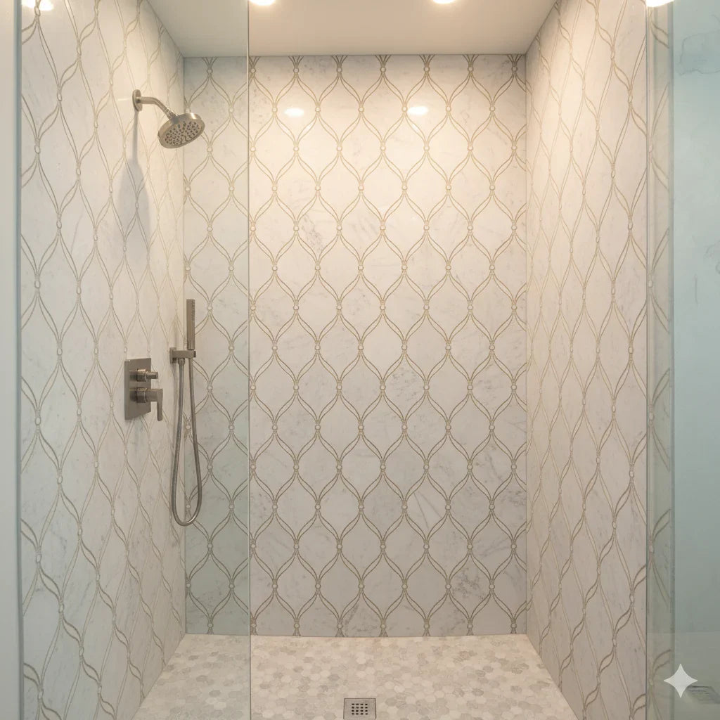 Carrara Luxe Polished White Marble Waterjet Mosaic Tile For Walls & Floors - MARICERA