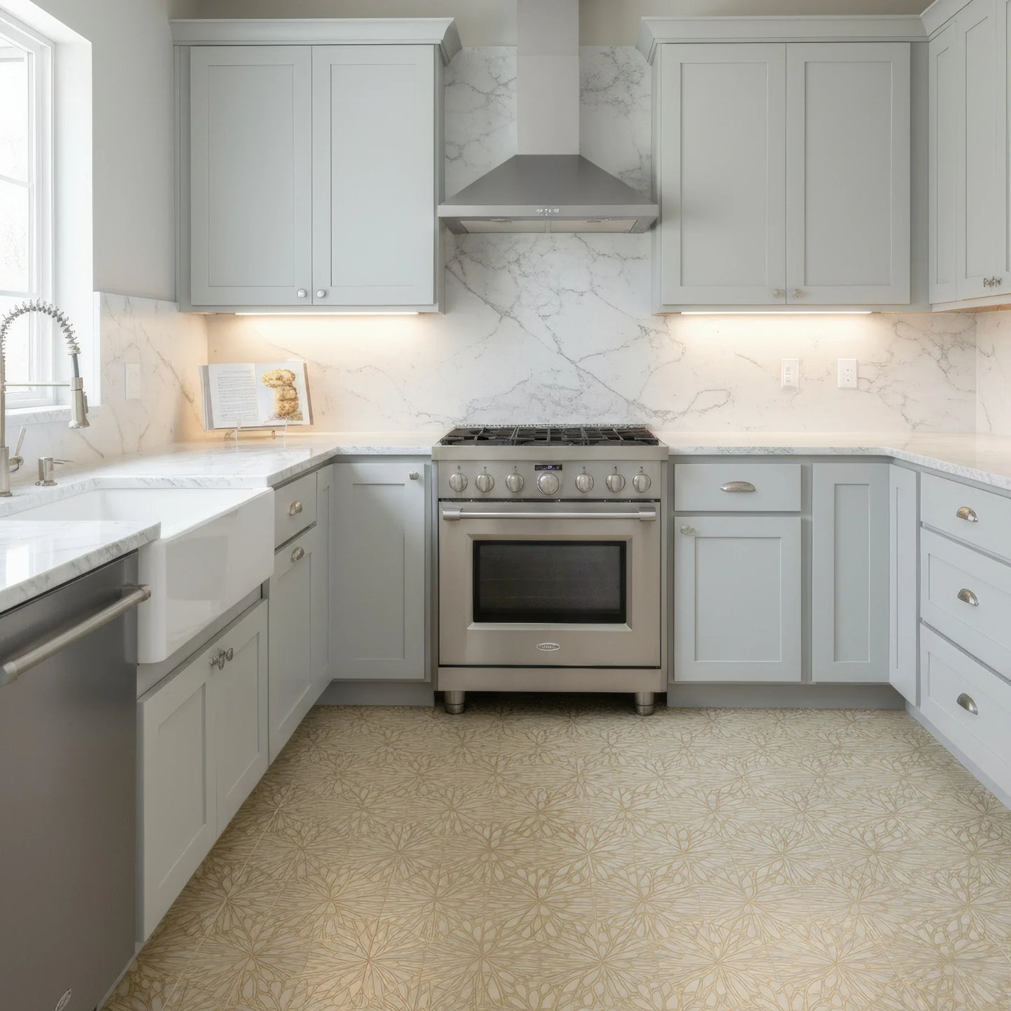 LumiFlora-Gold Leaf-Crema Marfil Engraved Tile - MARICERA