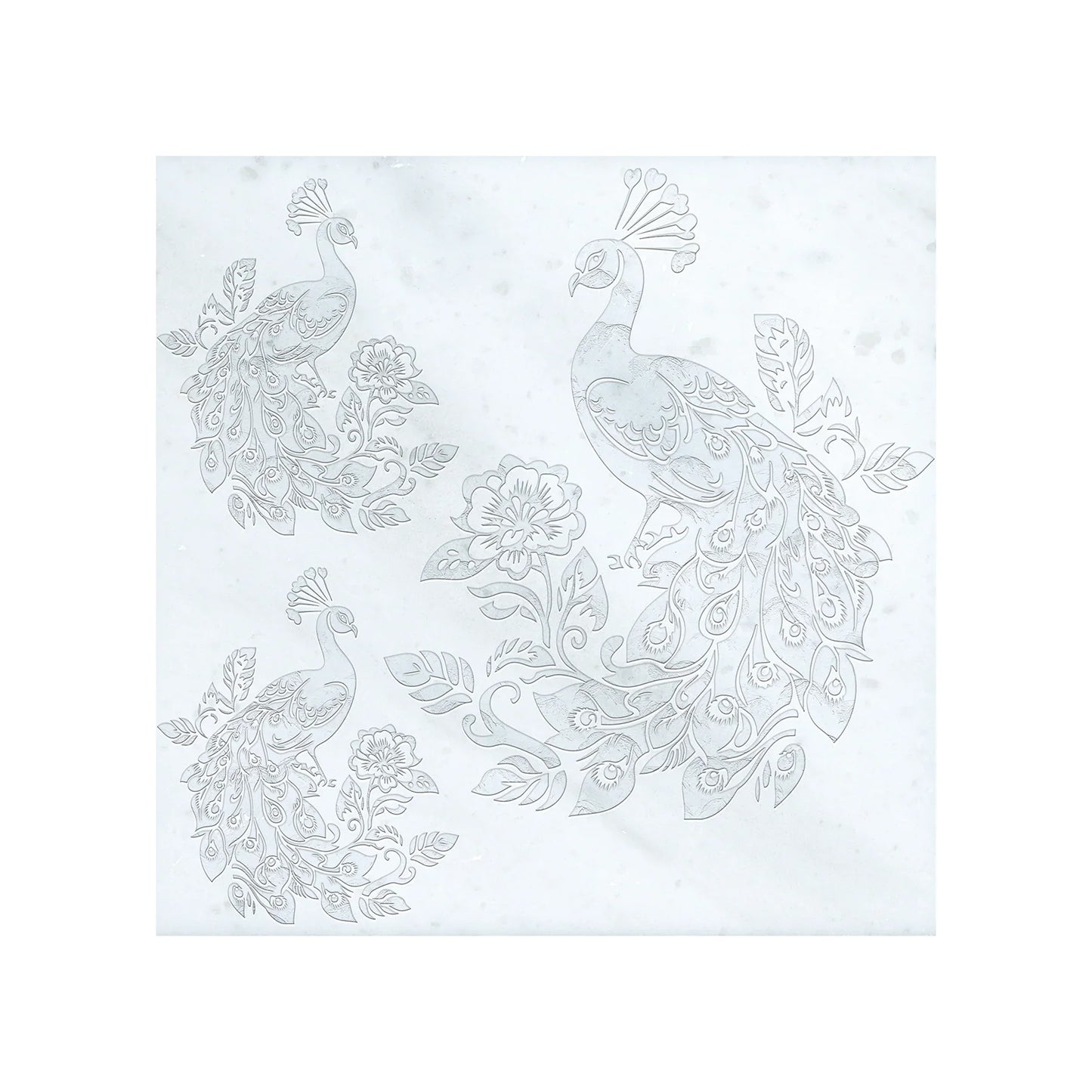 Peacock Engraved Bianco Marble Tile Mural 18x18