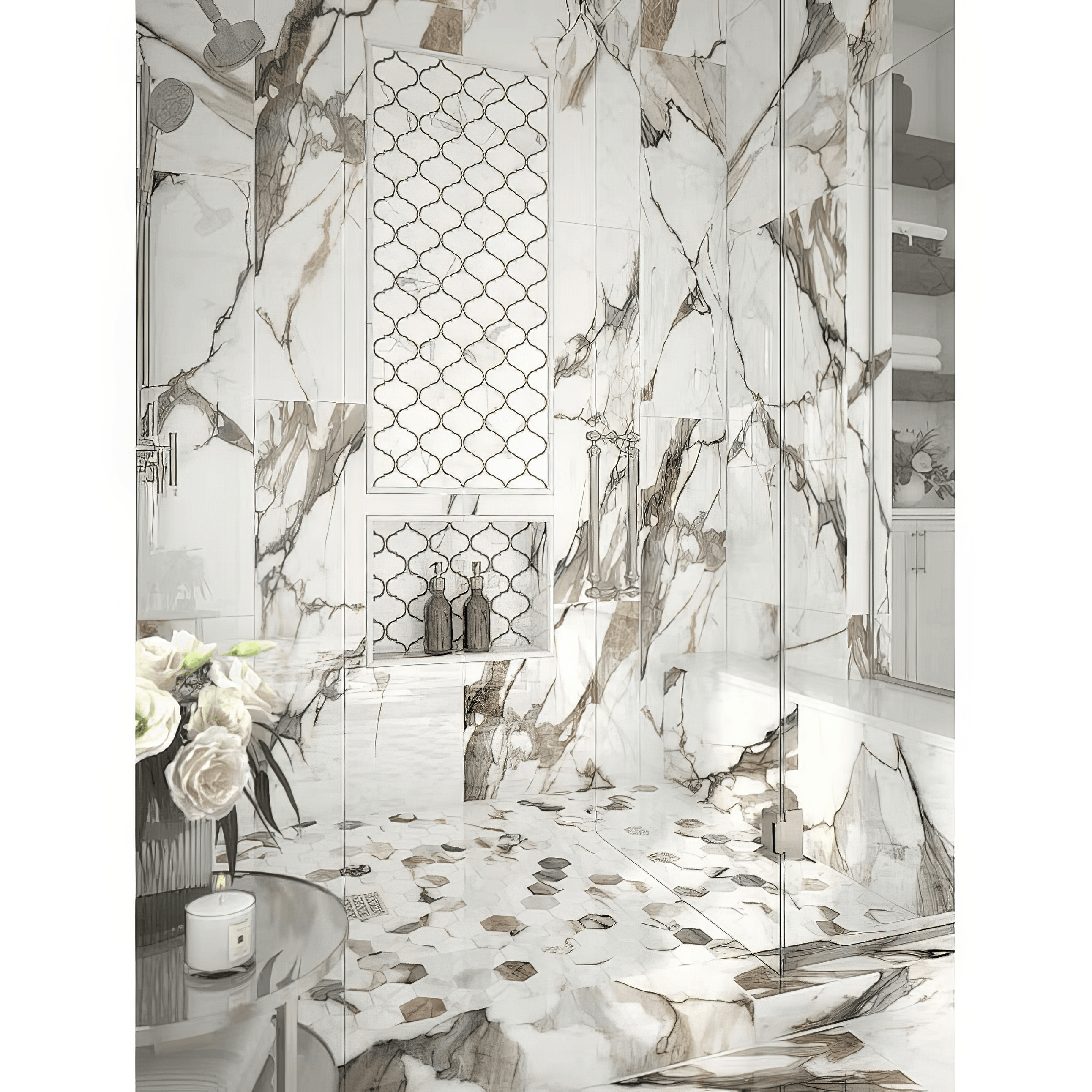 Arabesque Polished Calacatta Porcelain Waterjet Mosaic Tile For Walls & Floors - MARICERA