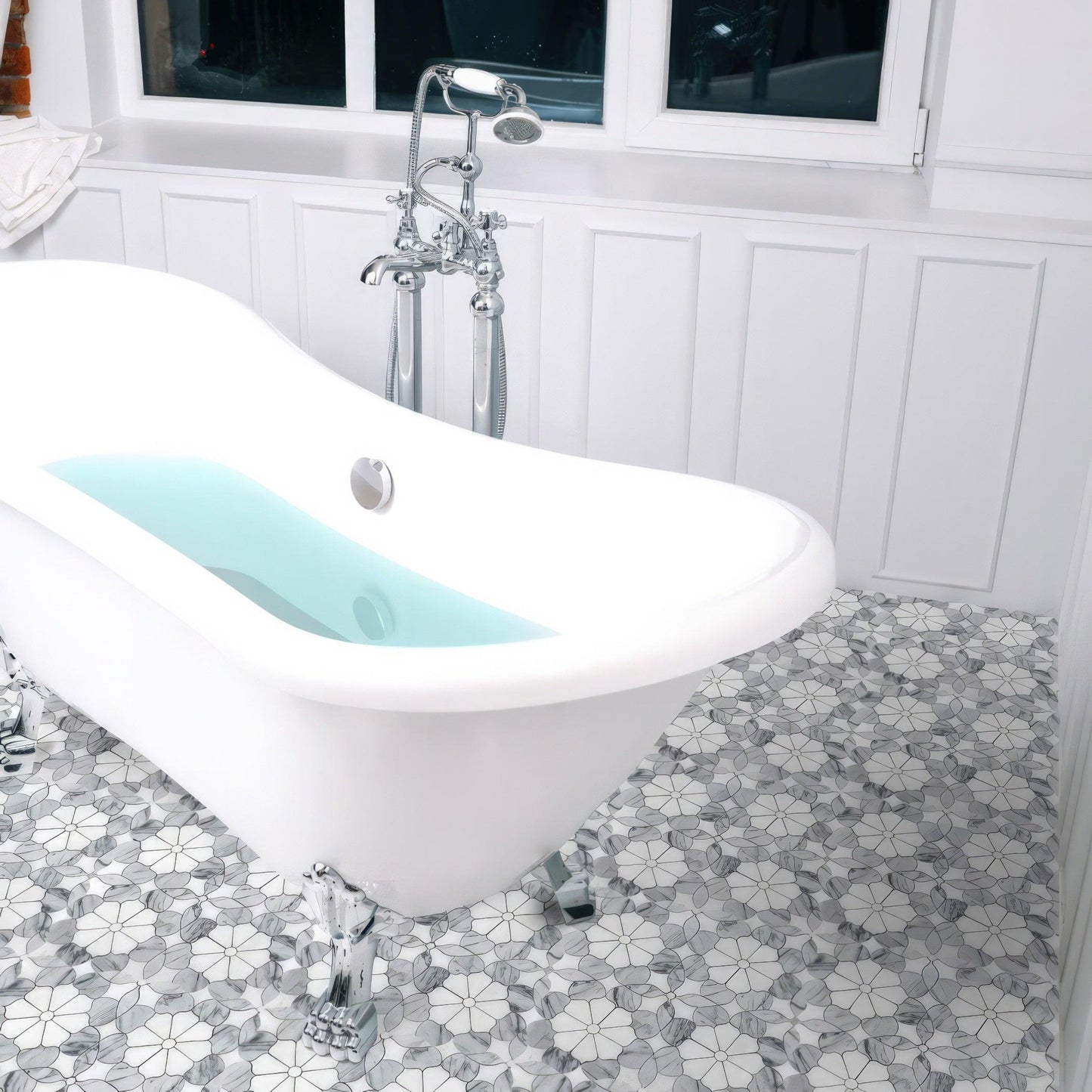 Flower Carrara Polished White Marble Mosaic Tile For Walls & Floors - MARICERA
