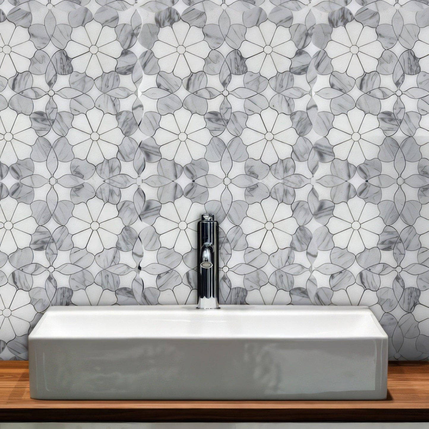 Flower Carrara Polished White Marble Mosaic Tile For Walls & Floors - MARICERA