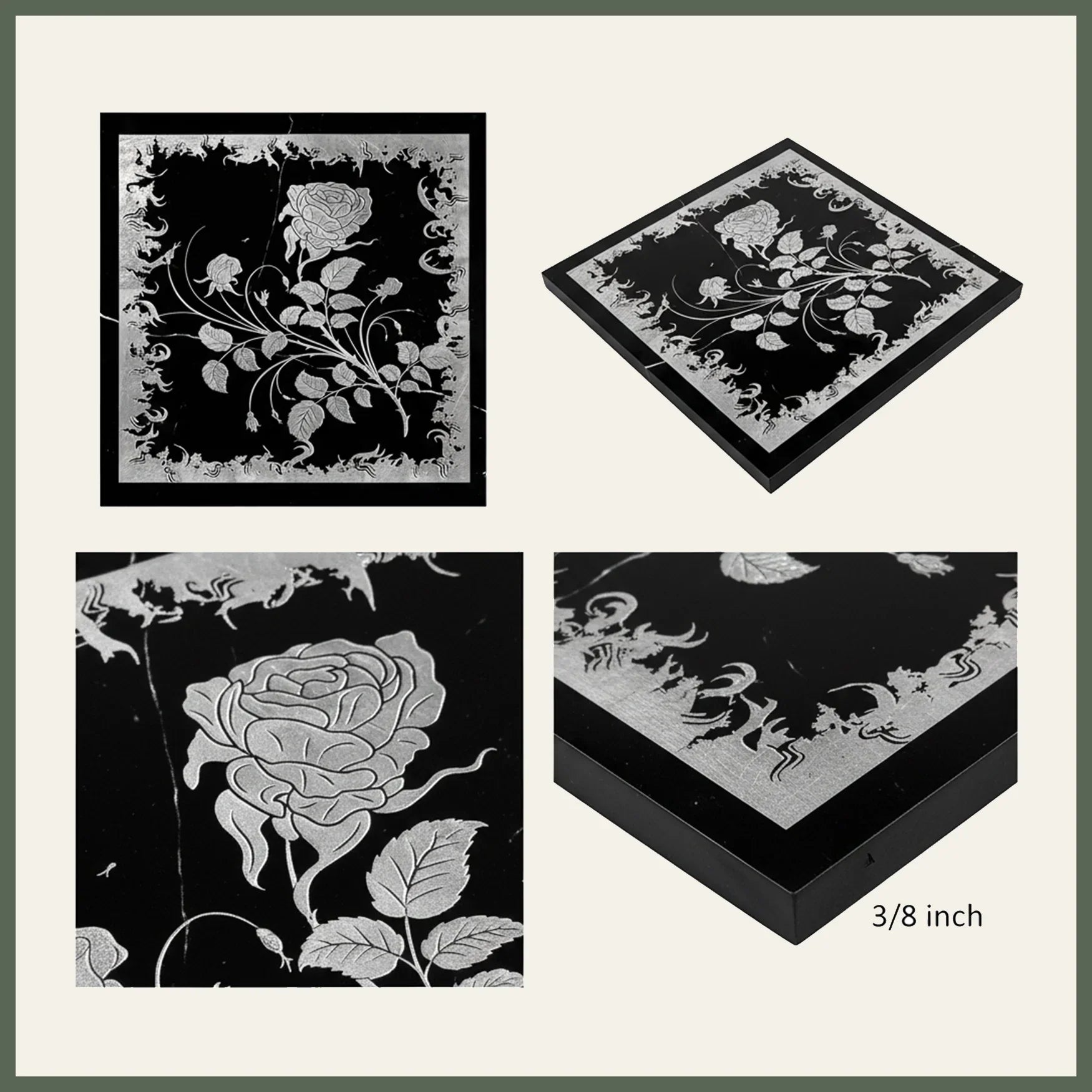Flower Engraved Nero Black Marble Tile Mural 18x18 Flower Engraved Nero Black Marble Tile Mural 18x18