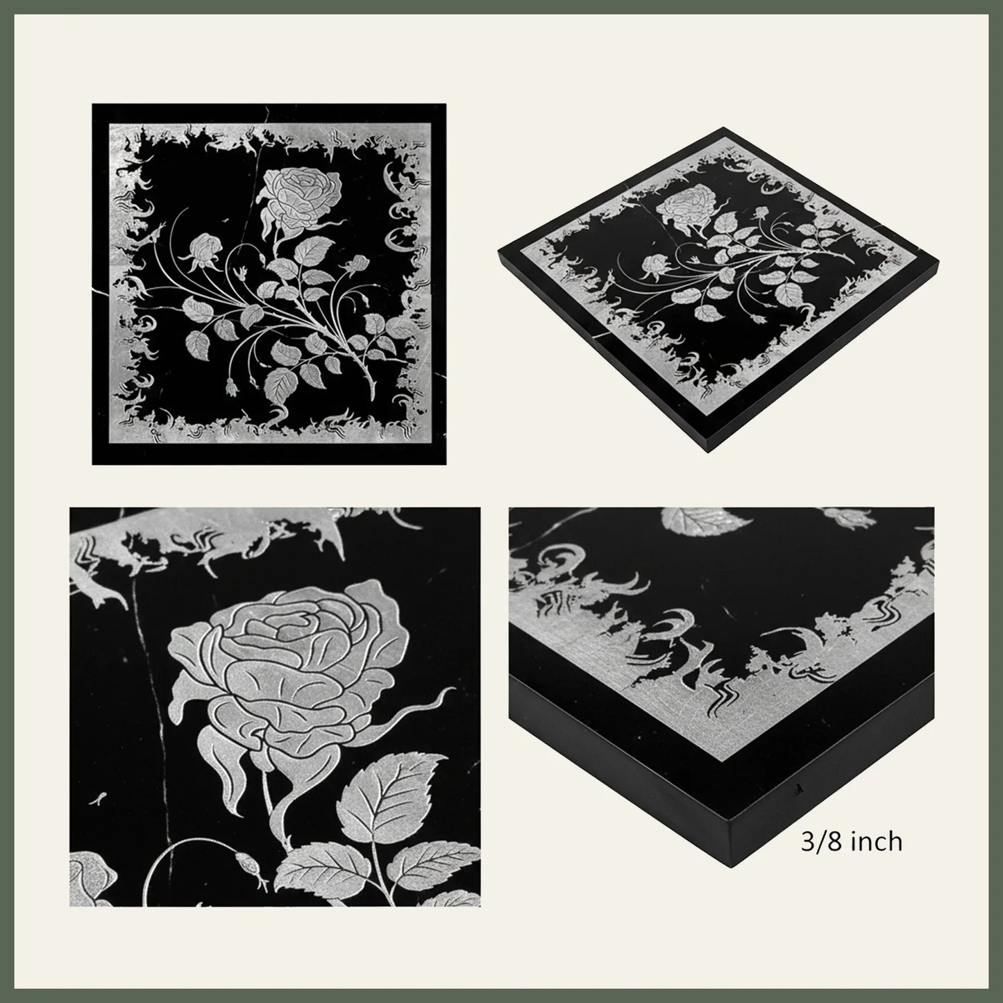Flower Engraved Nero Black Marble Tile Mural 18x18