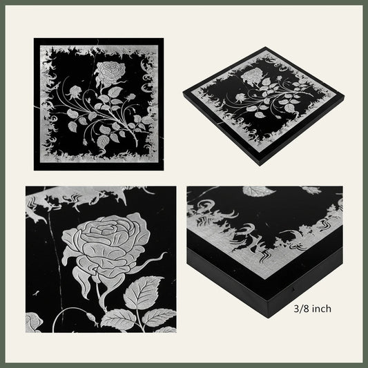 Silver Rose Engraved Nero Black Marble Tile Mural 18x18 in.