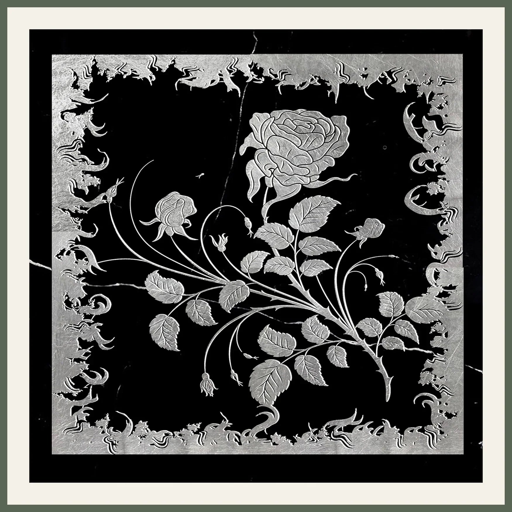 Silver Rose Engraved Nero Black Marble Tile Mural 18x18 in. Silver Rose Engraved Nero Black Marble Tile Mural 18x18 in.