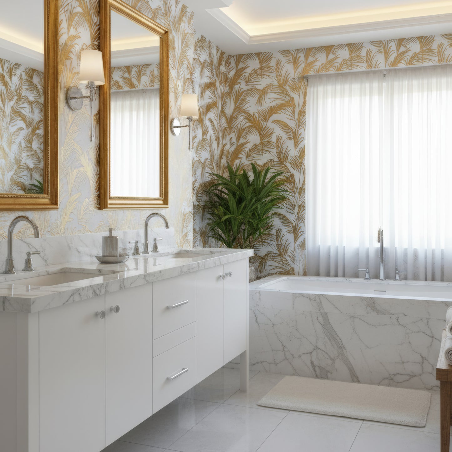 Jardin Gold Foil 12x24 Etched Glacier White Marble Tile For Walls & Floors