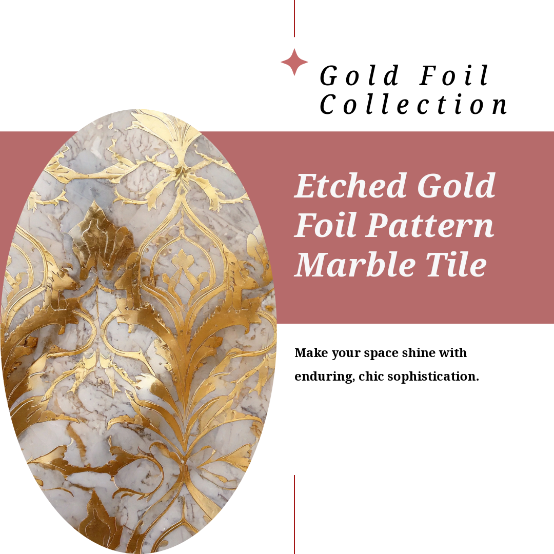 Timeless etched marble tiles with hand-applied gold foil