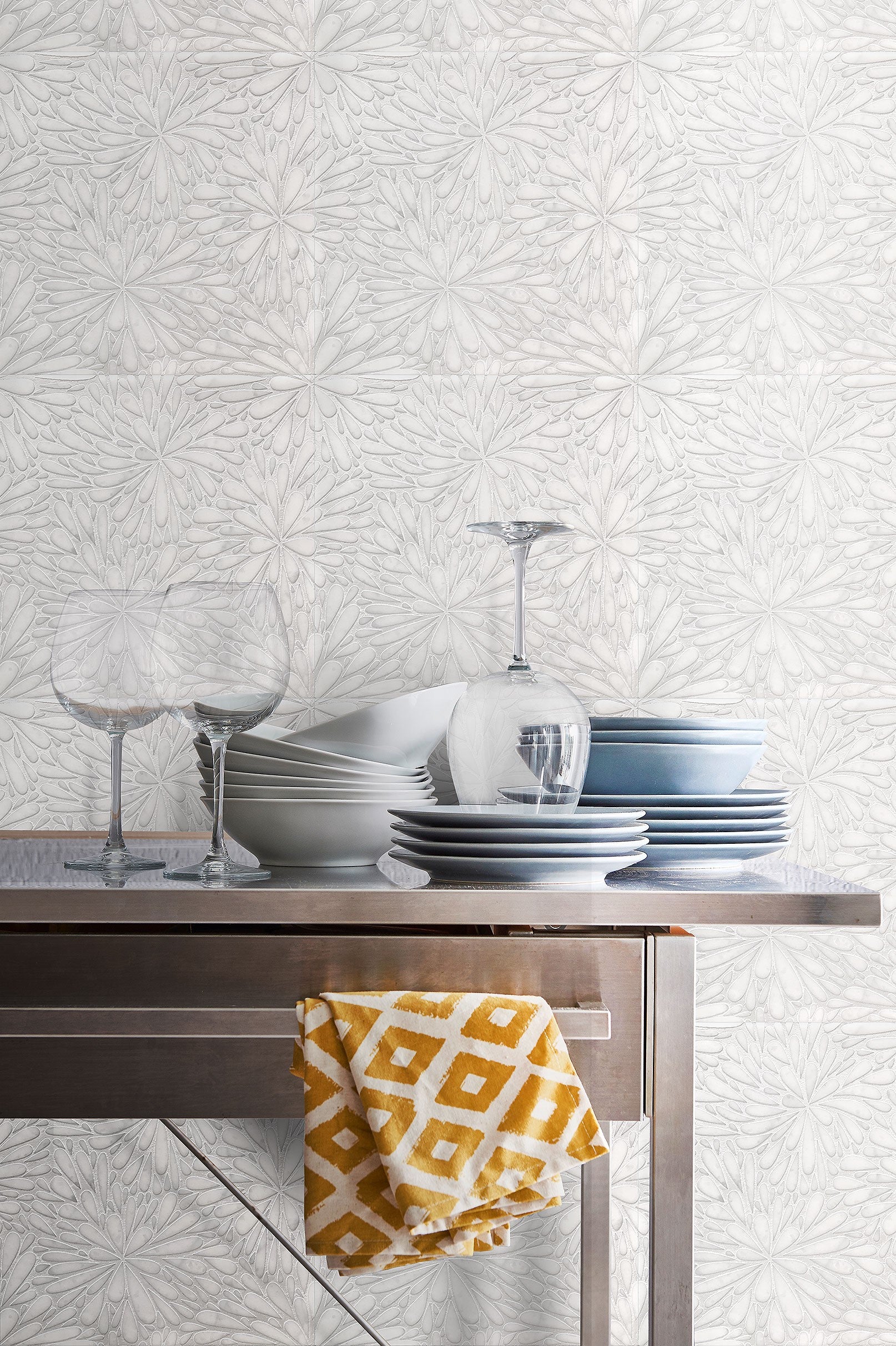 Geo 9 Glacier White 12x12 Etched Silver Foil Marble Tile For Walls & Floors