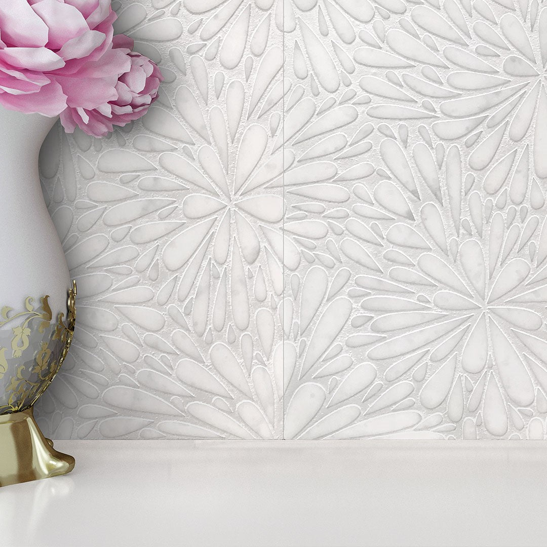 Geo 9 Glacier White 12x12 Etched Silver Foil Marble Tile For Walls & Floors