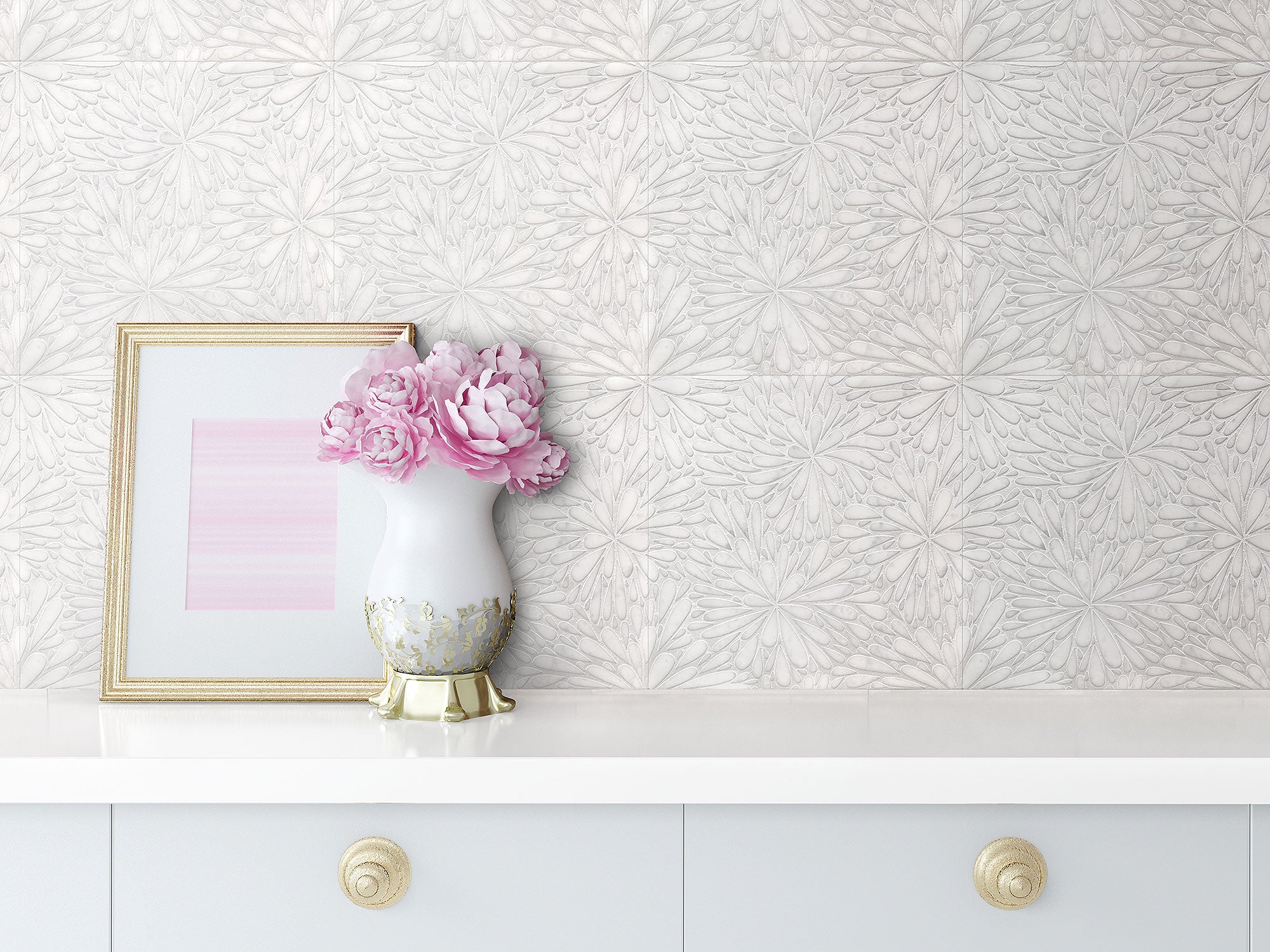 Geo 9 Glacier White 12x12 Etched Silver Foil Marble Tile For Walls & Floors
