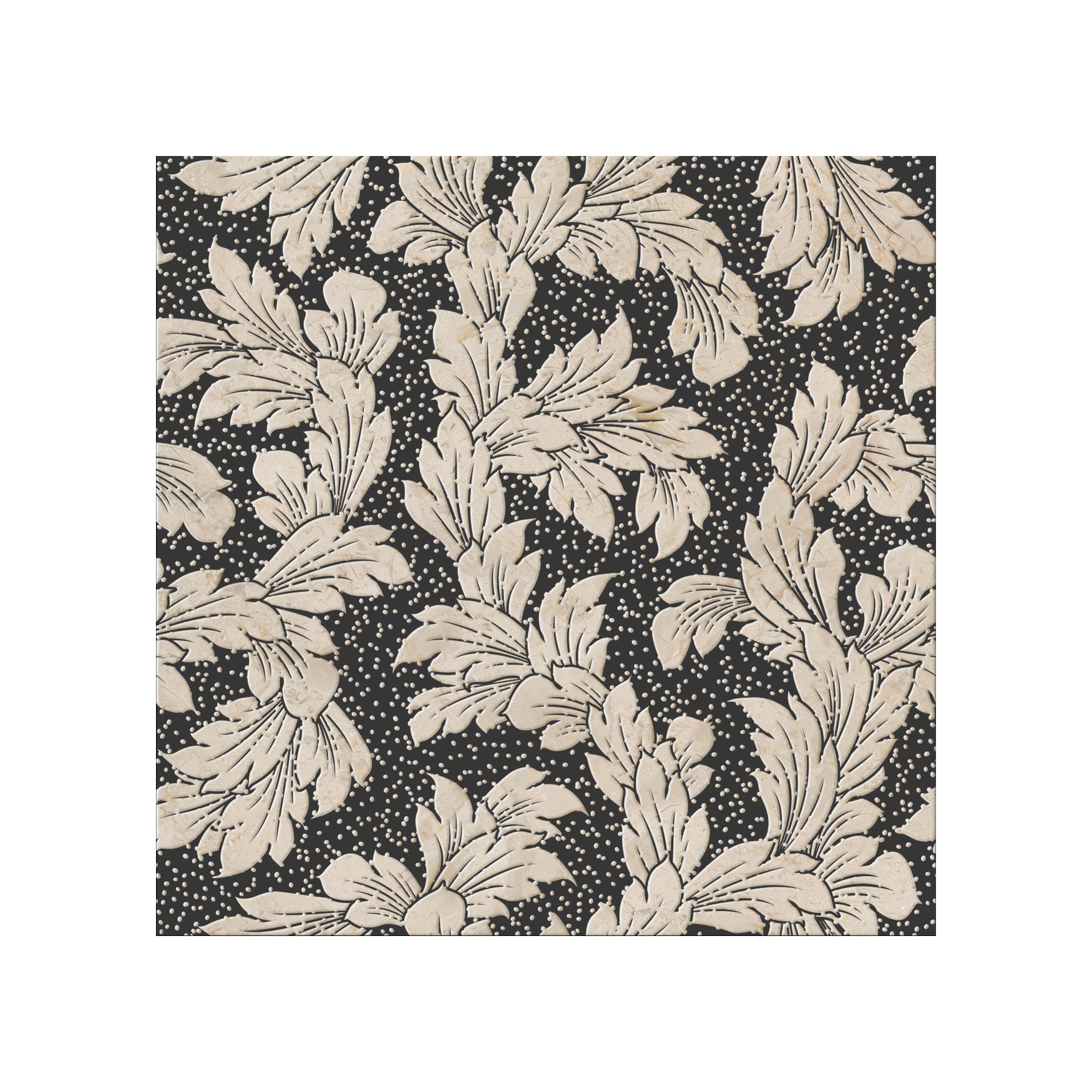Acanthus-Leaf Engraved Crema Marfil Marble Tile-black