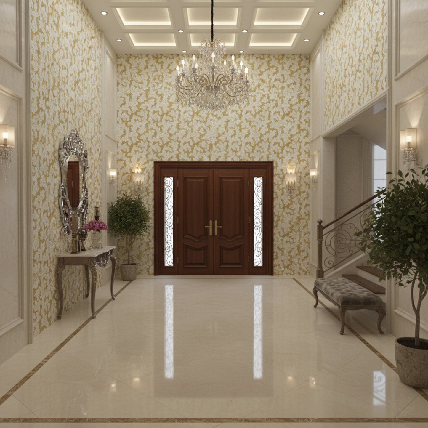 Acanthus-Leaf Engraved White Marble Tile-gold