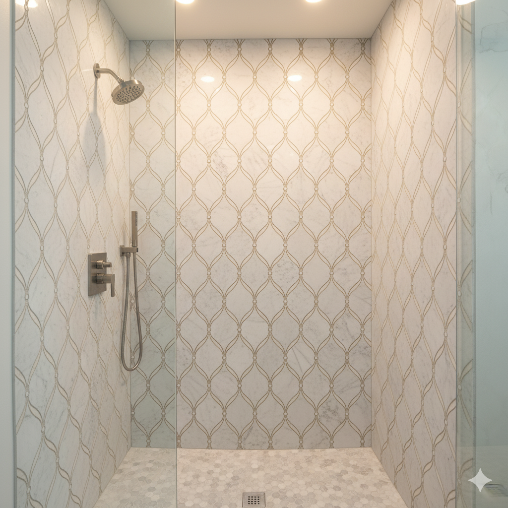 Carrara Luxe Polished White Marble Waterjet Mosaic Tile For Walls & Floors