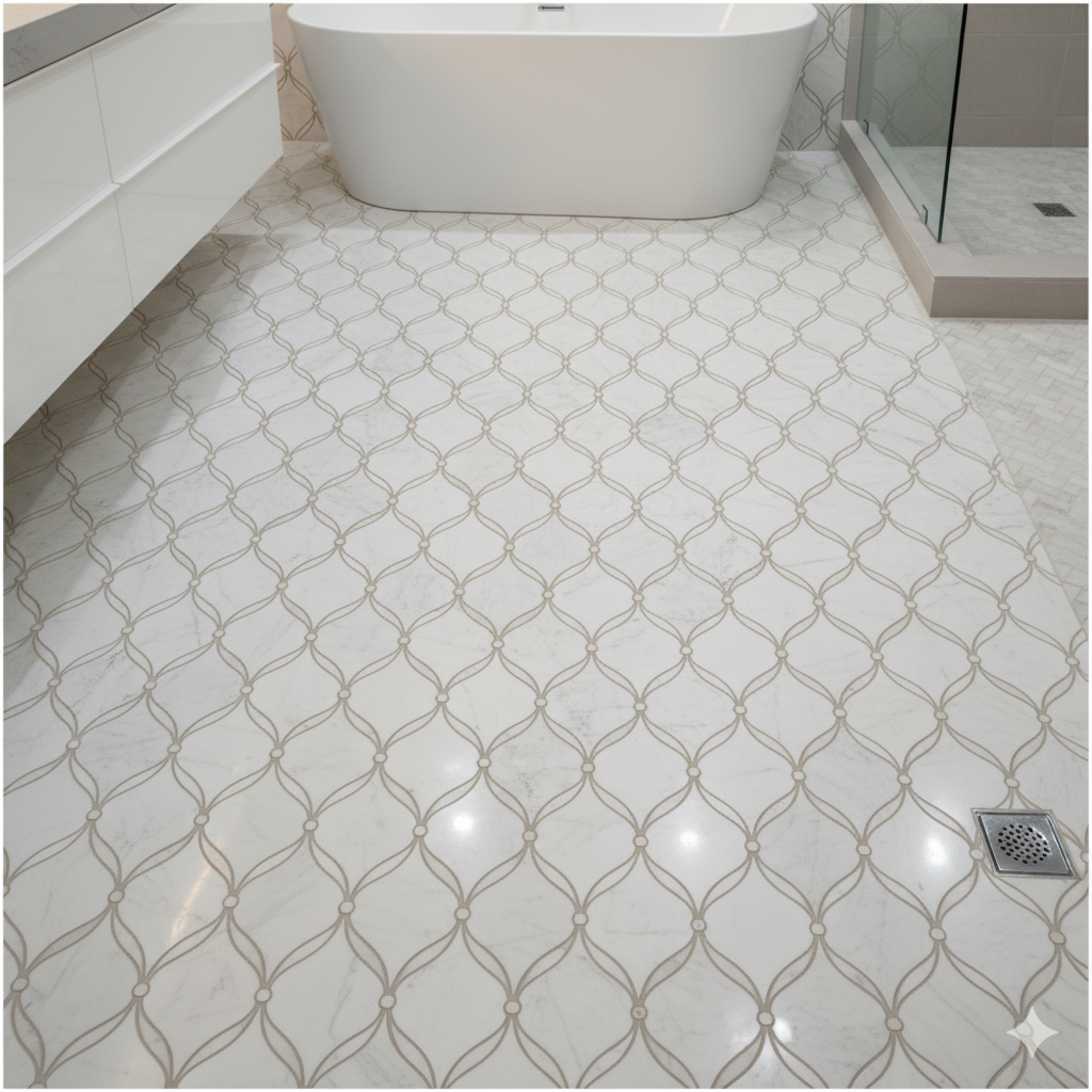 Carrara Luxe Polished White Marble Waterjet Mosaic Tile For Walls & Floors