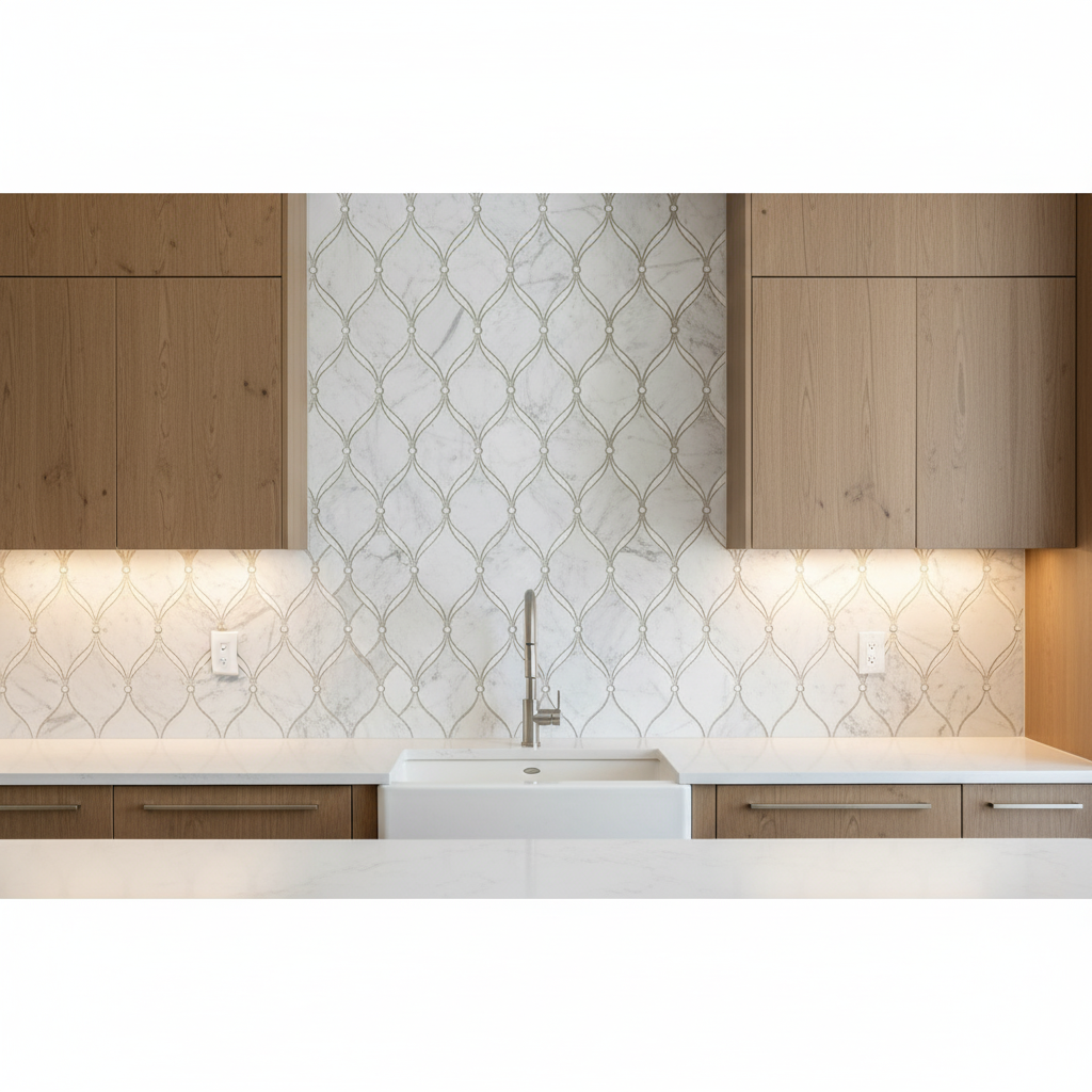 Carrara Luxe Polished White Marble Waterjet Mosaic Tile For Walls & Floors