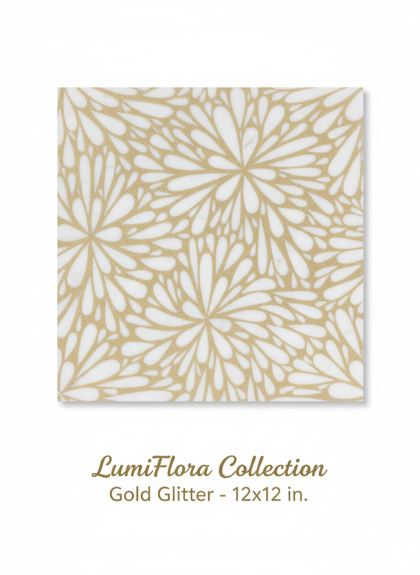 LumiFlora Engraved White Marble Tile- Glitter Gold