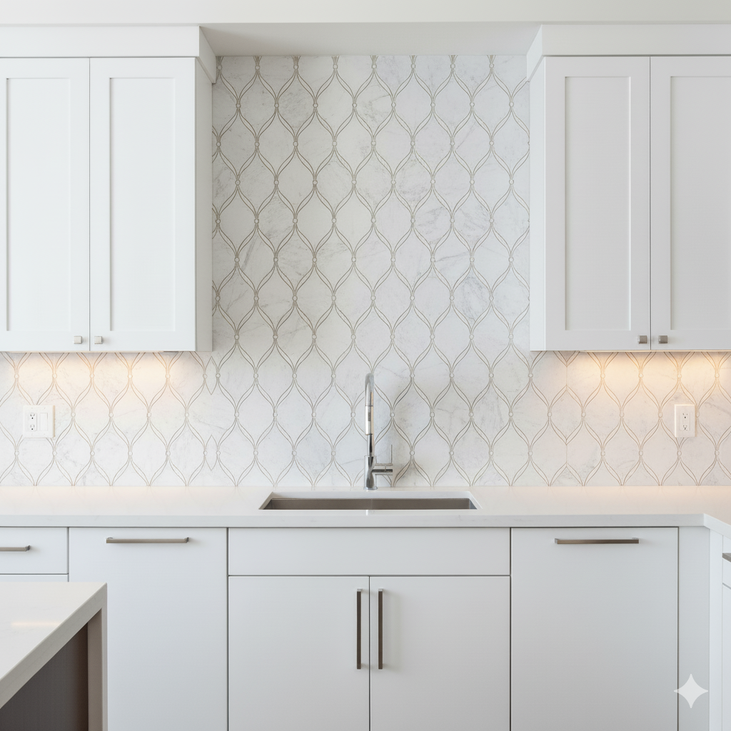 Carrara Luxe Polished White Marble Waterjet Mosaic Tile For Walls & Floors