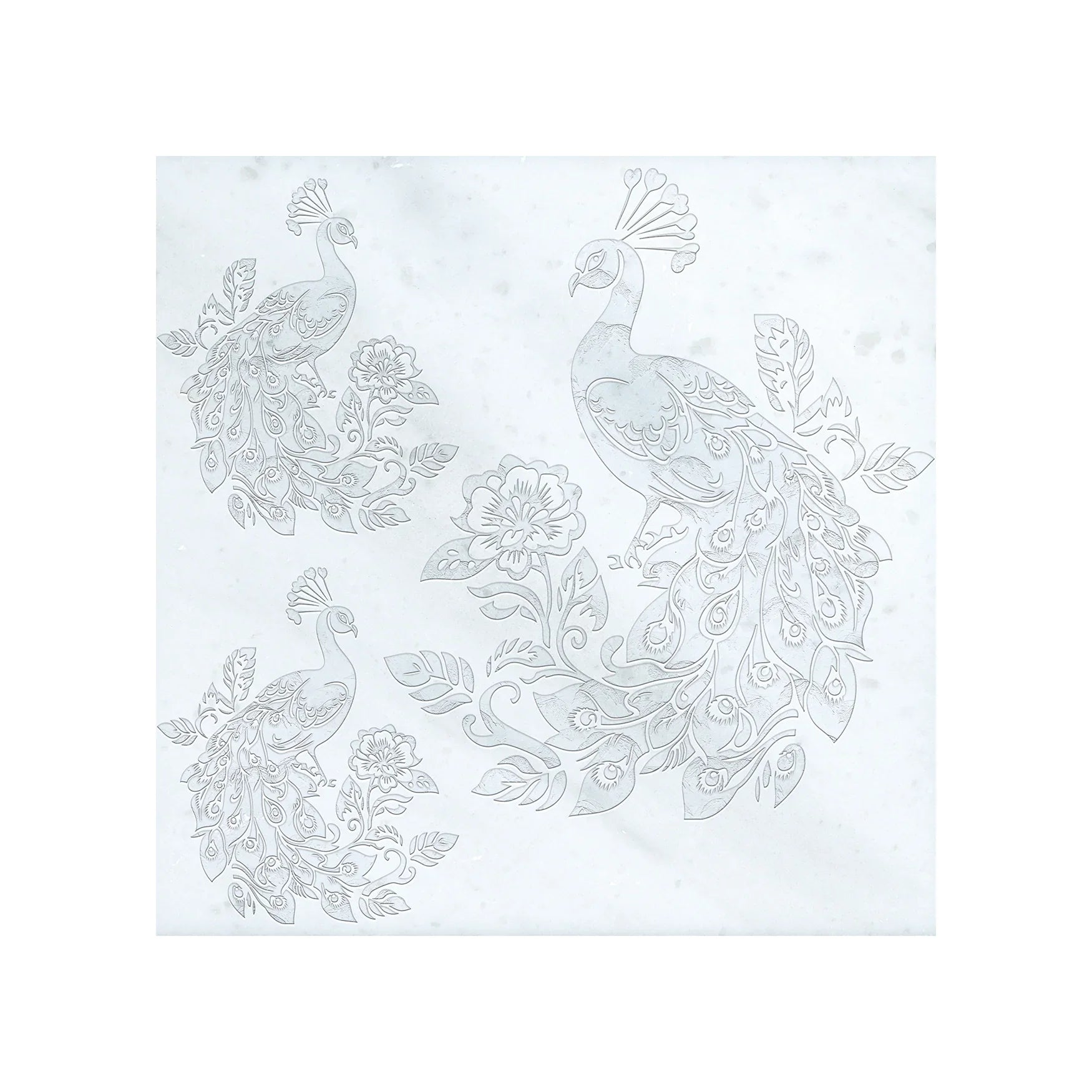 Peacock Engraved Bianco Marble Tile Mural 18x18