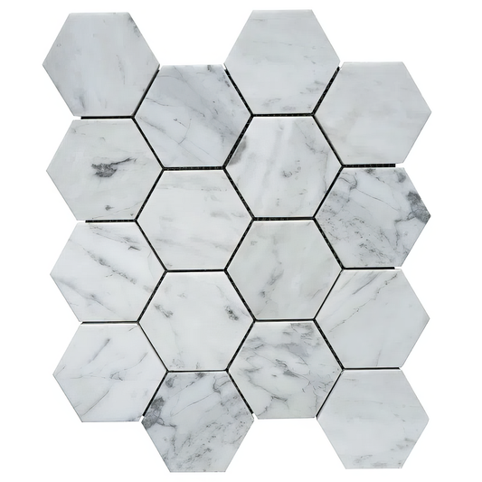 Carrara 3-inch Hexagon Polished White Marble Mosaic Tile For Walls & Floors