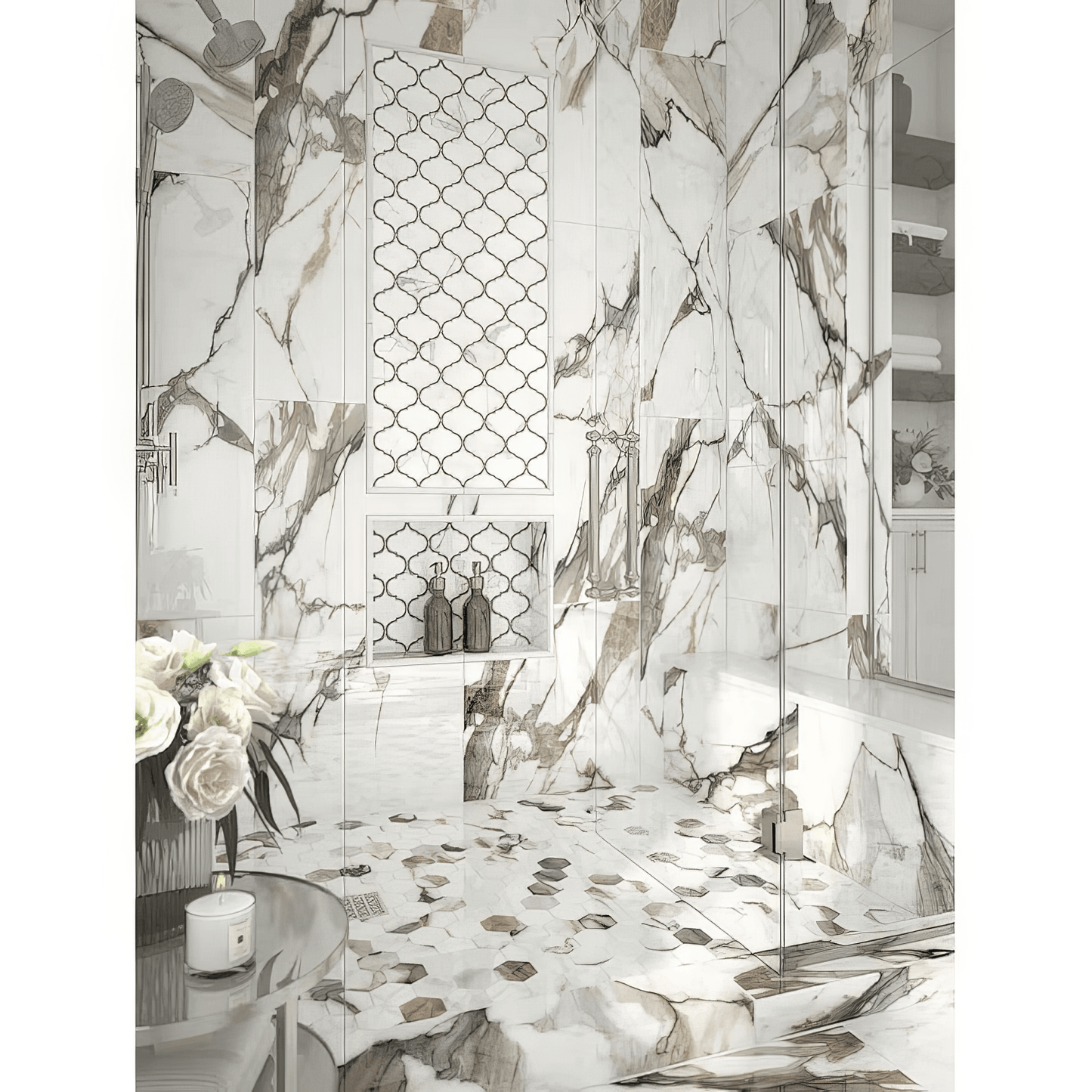 Arabesque Polished Calacatta Porcelain Waterjet Mosaic Tile For Walls & Floors - MARICERA