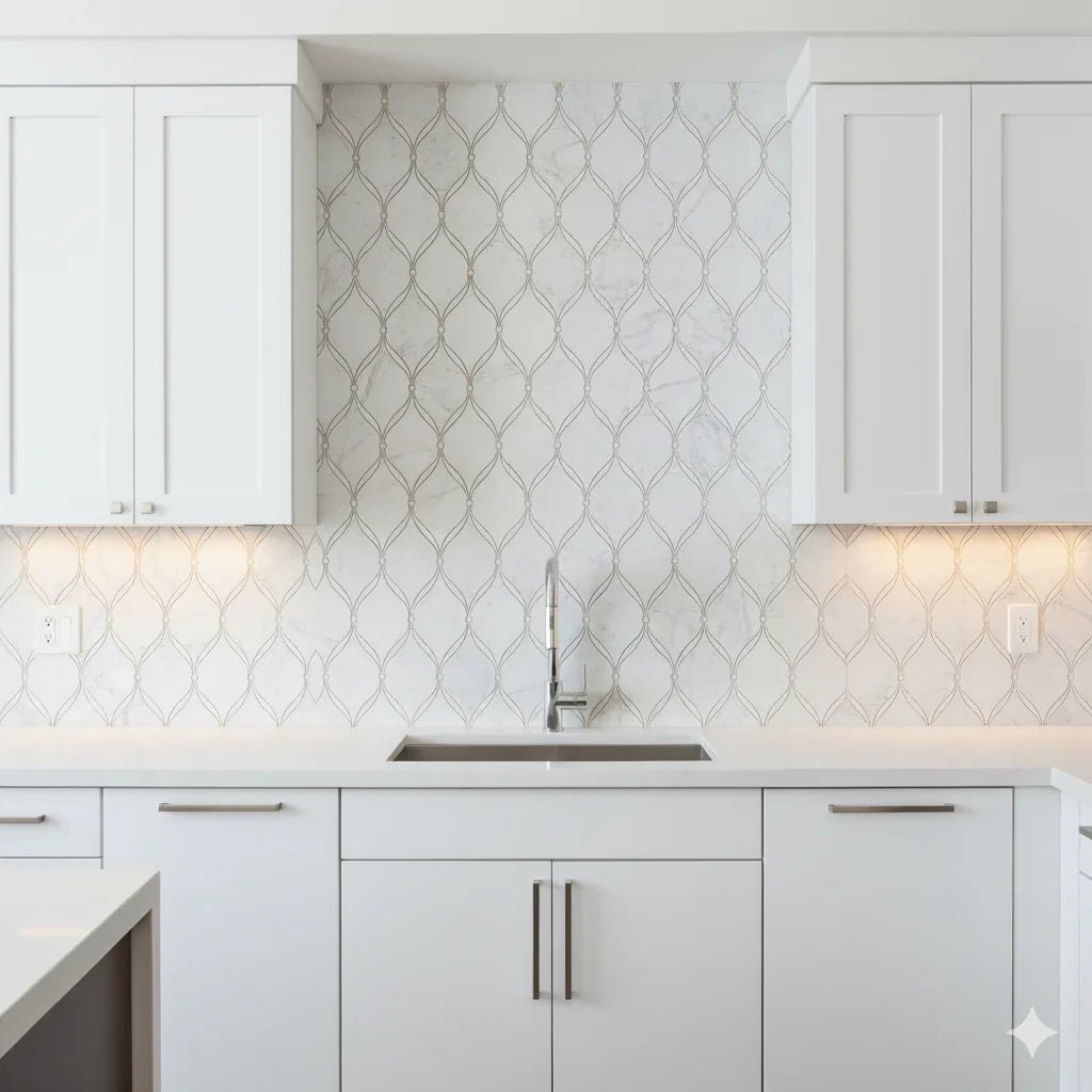 Carrara Luxe Polished White Marble Waterjet Mosaic Tile For Walls & Floors - MARICERA