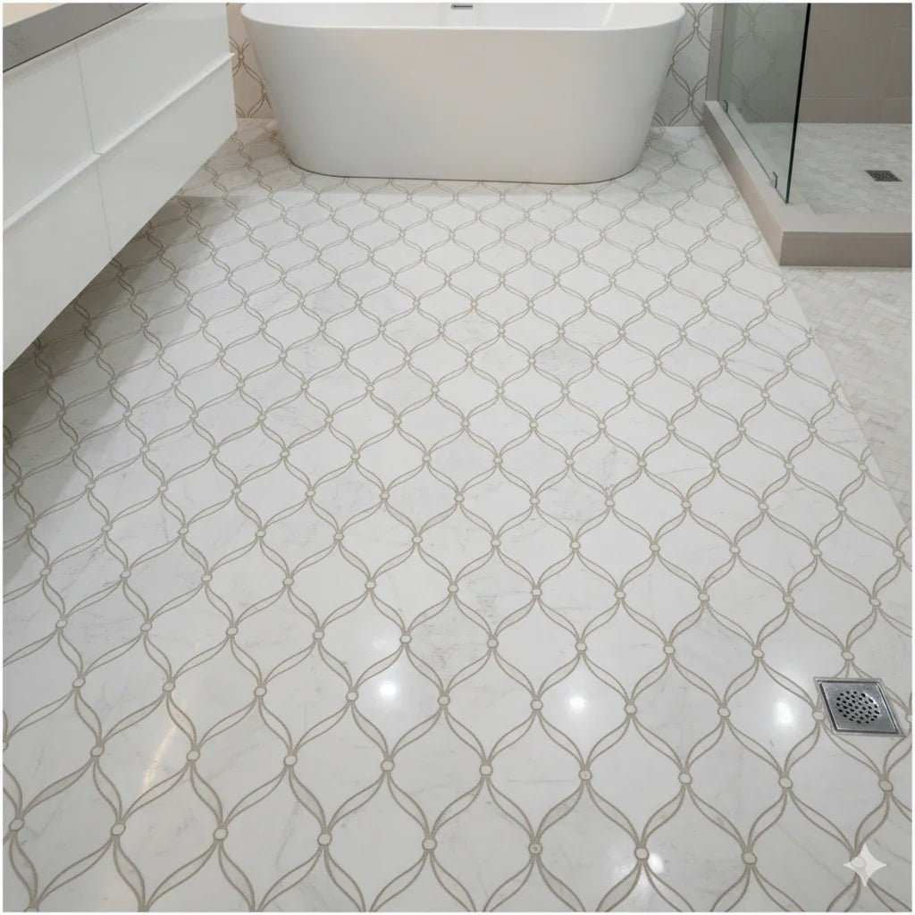 Carrara Luxe Polished White Marble Waterjet Mosaic Tile For Walls & Floors - MARICERA