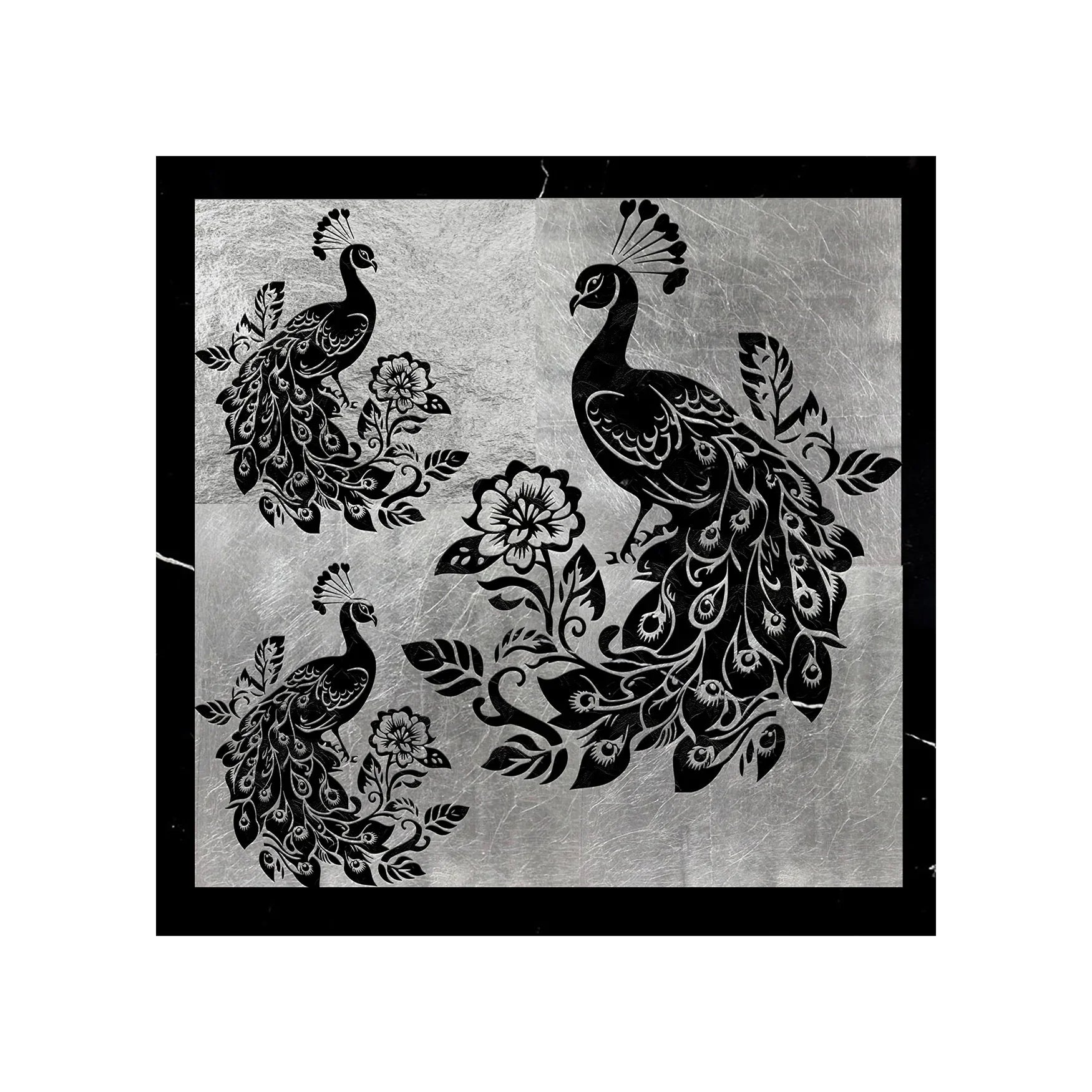 Peacock Engraved Black Marble Mural Tile - MARICERA