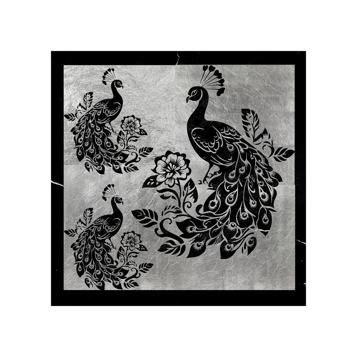 Peacock Engraved Black Marble Mural Tile - MARICERA